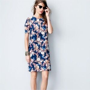 J. Crew NWOT 100% Silk Antique Floral Print Blue Short Sleeve Sheath Dress 4